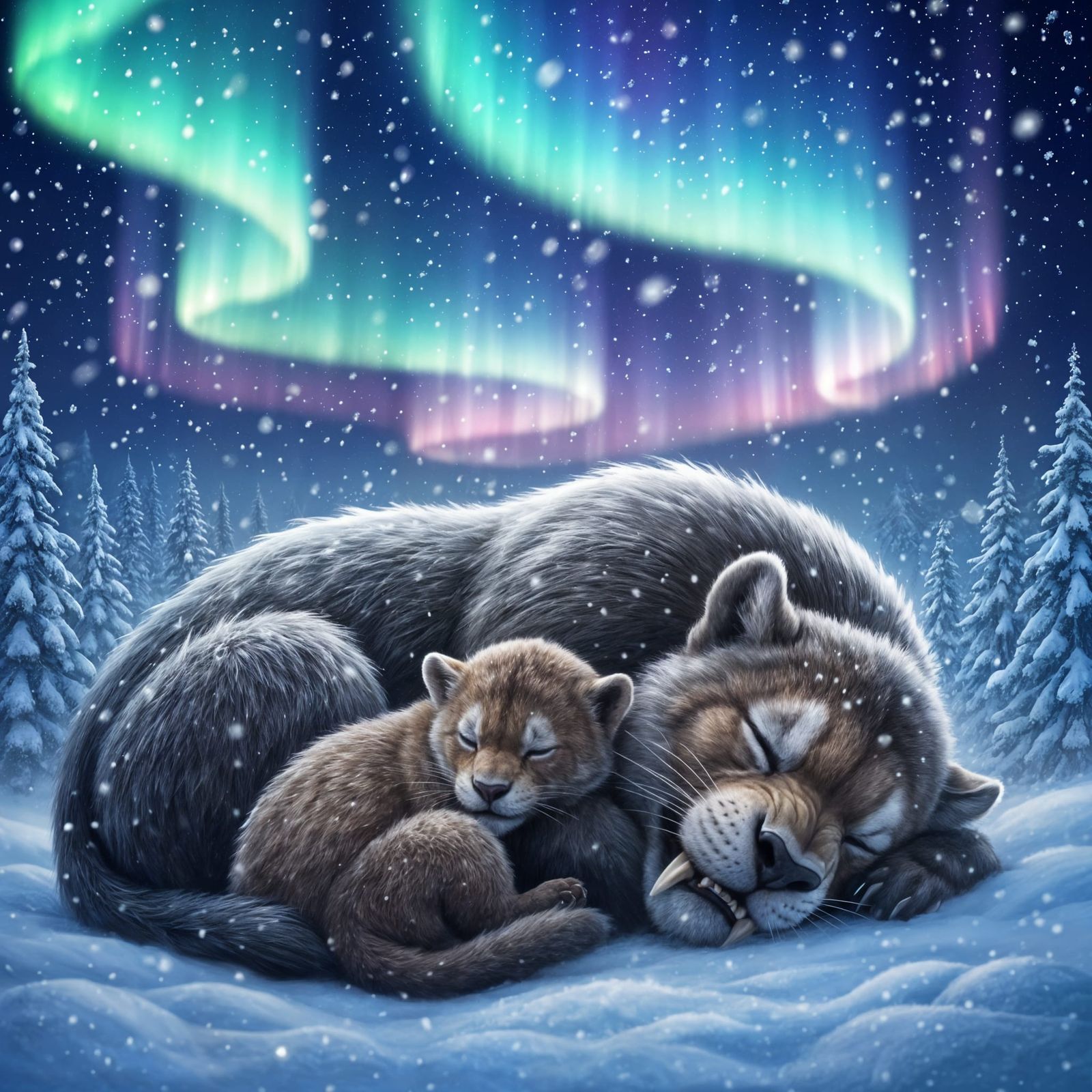 Sabertooths Snuggle Under Northern Lights in Dark Fantasy St...