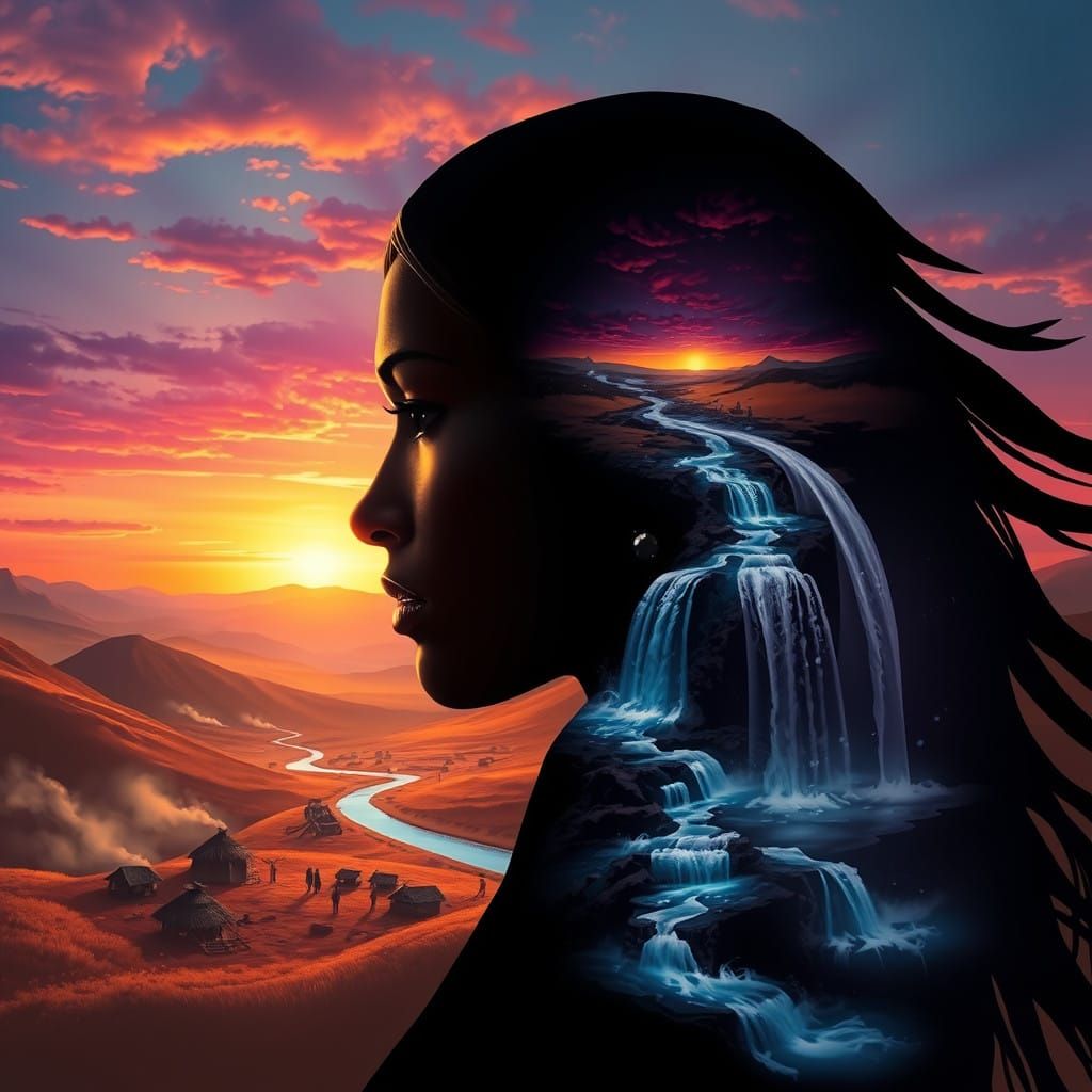 Serene Native Indian Goddess Surrounded by Dreamlike Landsca...