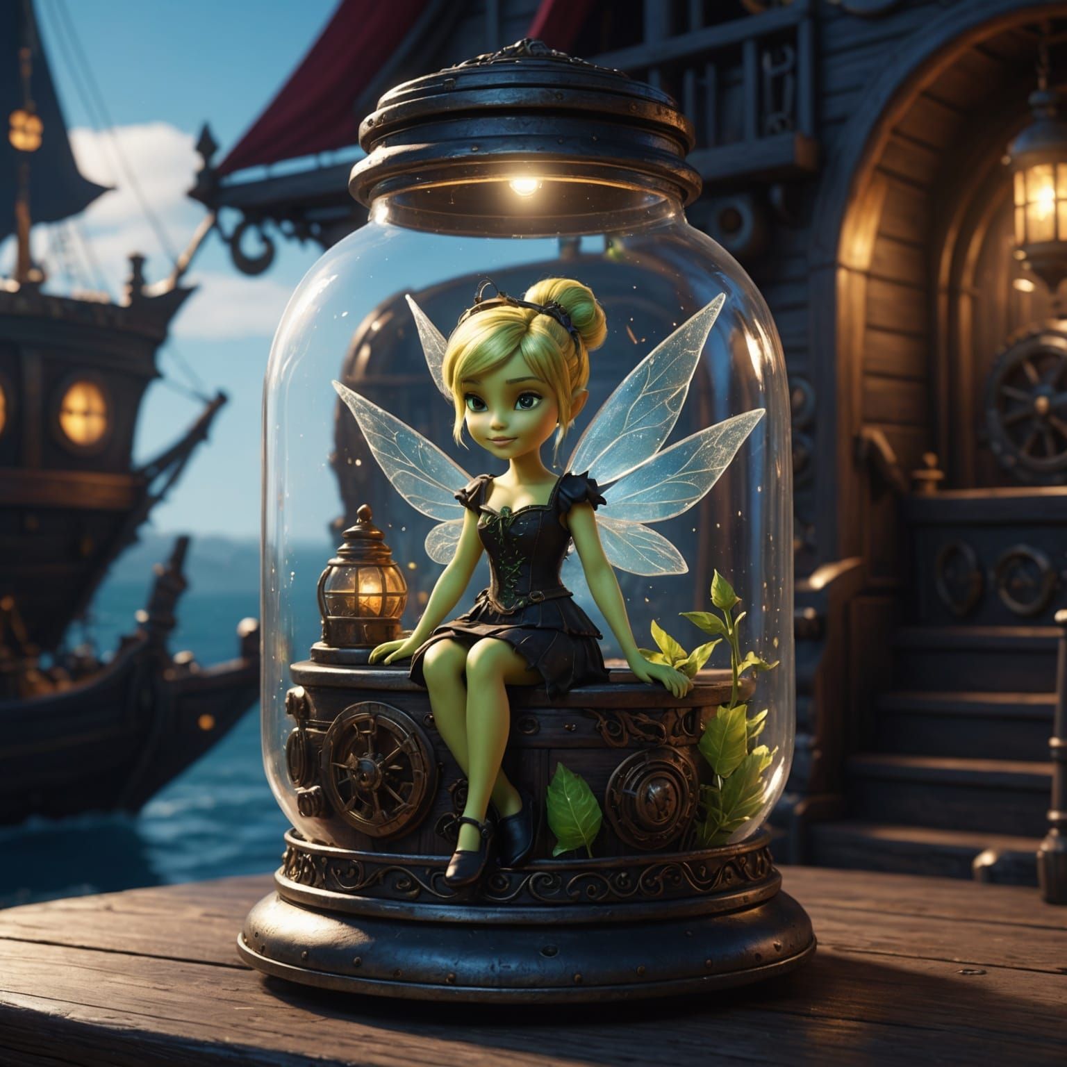 Goth Tinkerbell in a Jar, Steampunk Pirate Ship