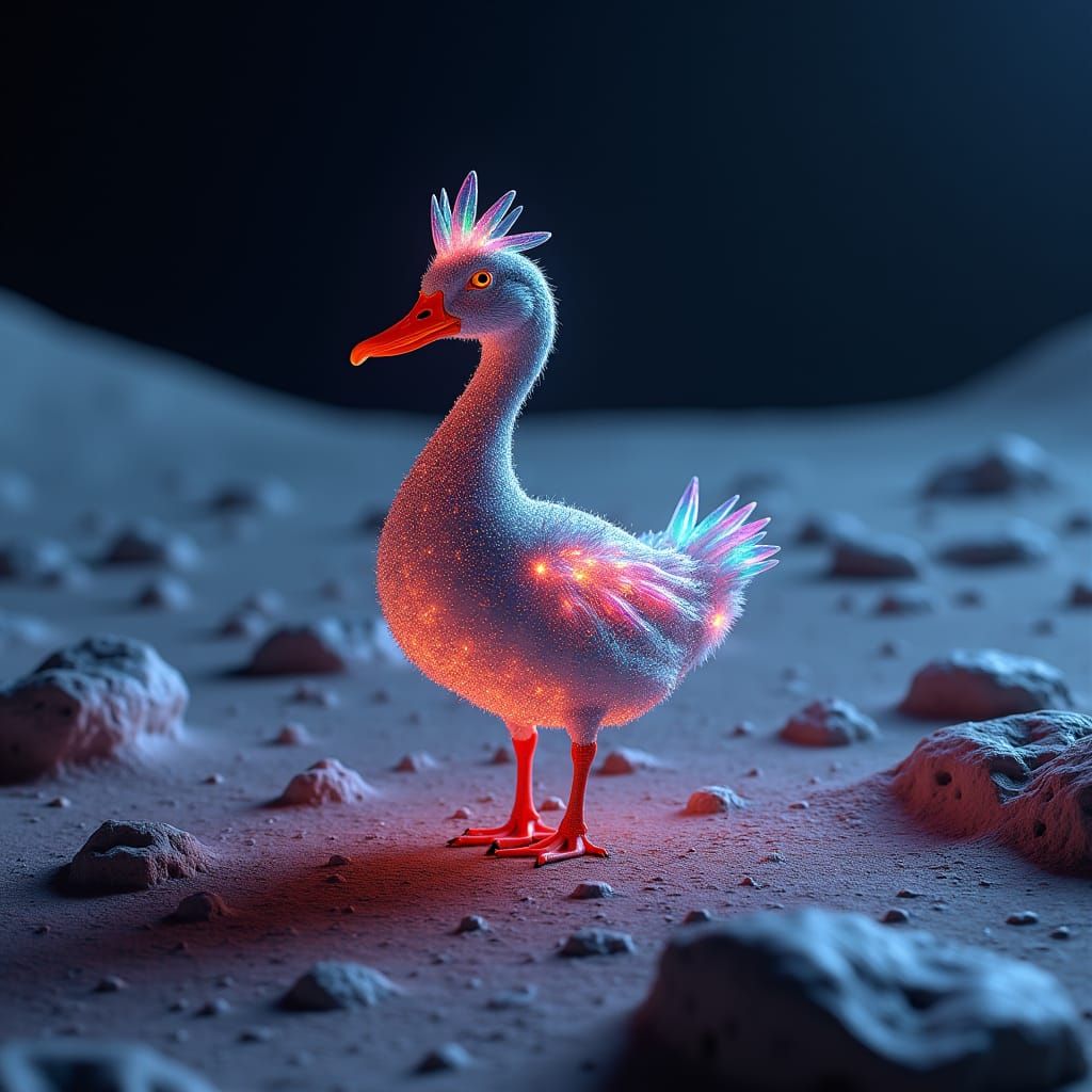Duck on the Moon in Cosmic Surrealist Style