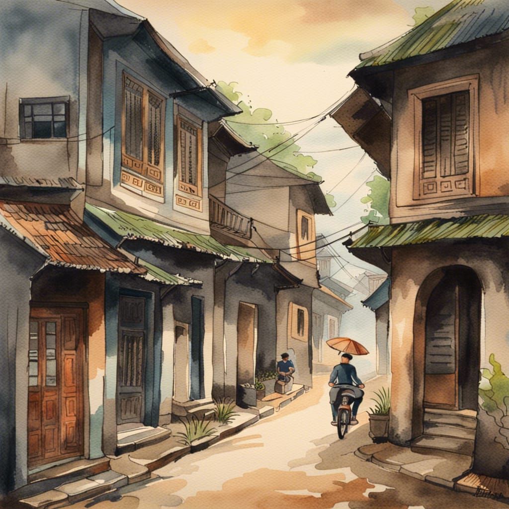 Vintage Vietnamese Street Scene in Watercolour
