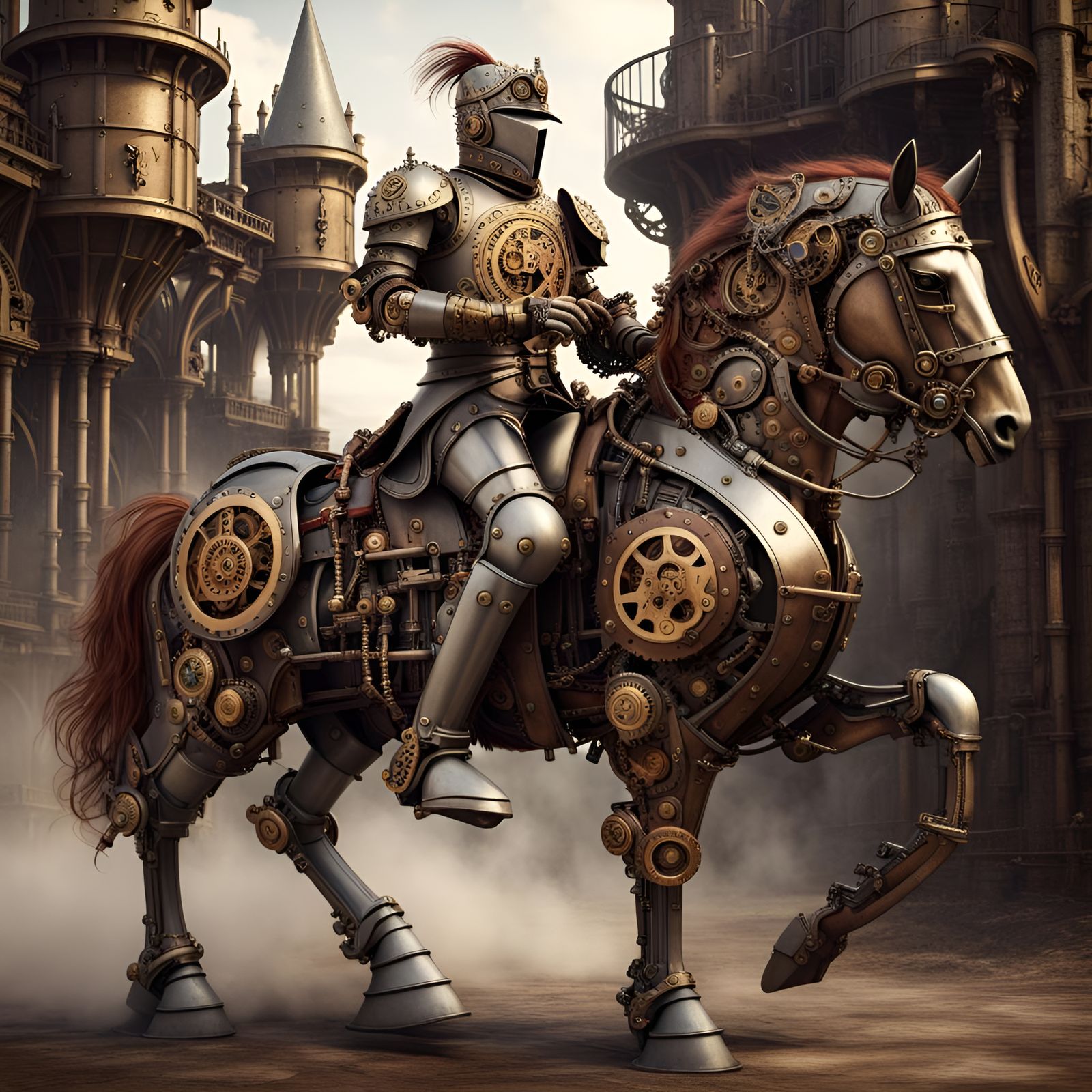 Steampunk Knight on Mechanical Horse with Castle