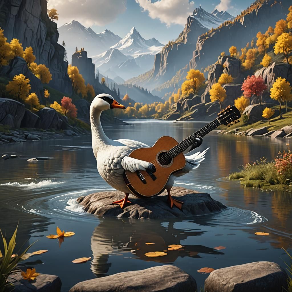 Goose Playing Guitar with White River Backdrop