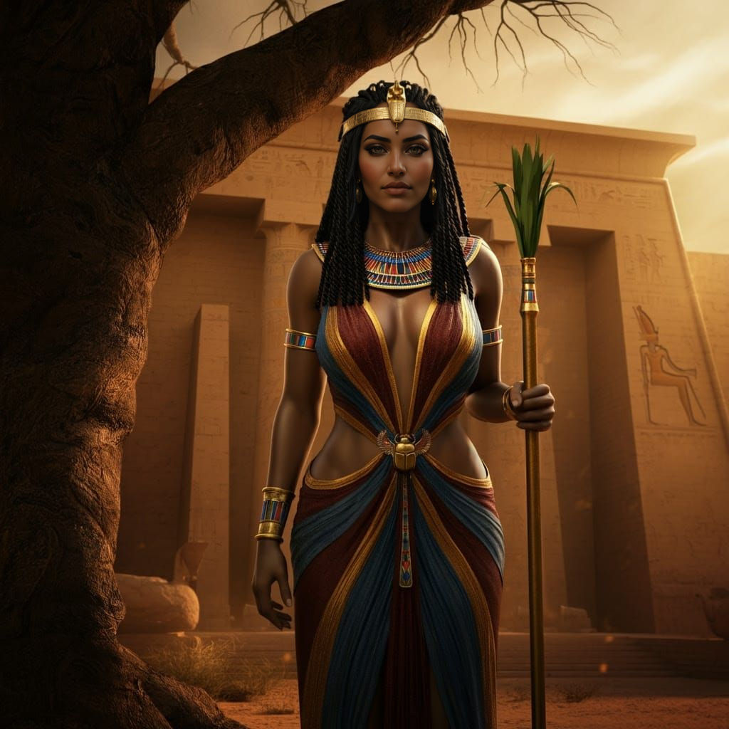 Egyptian Goddess Iusaaset in Ancient Temple Setting