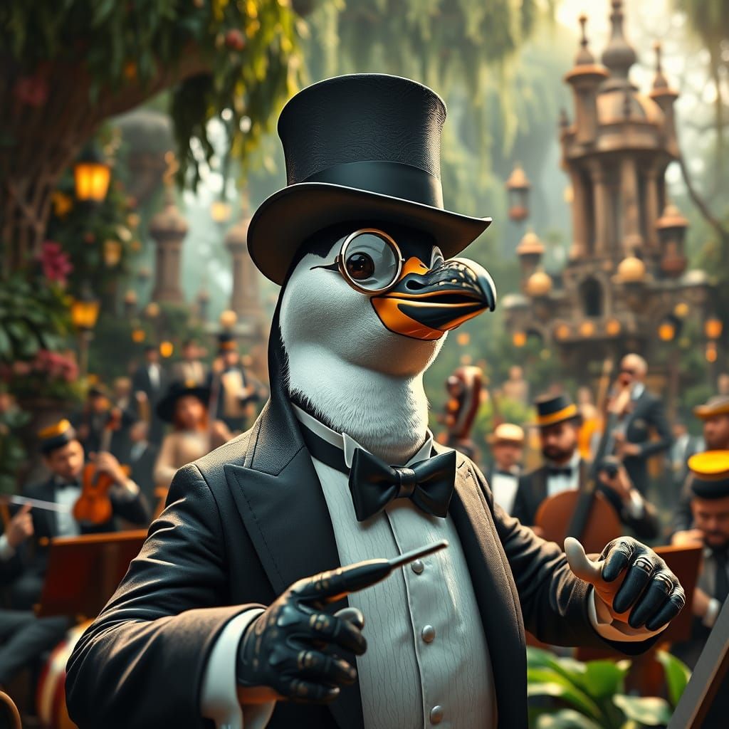 Penguin Conductor in Surreal Garden