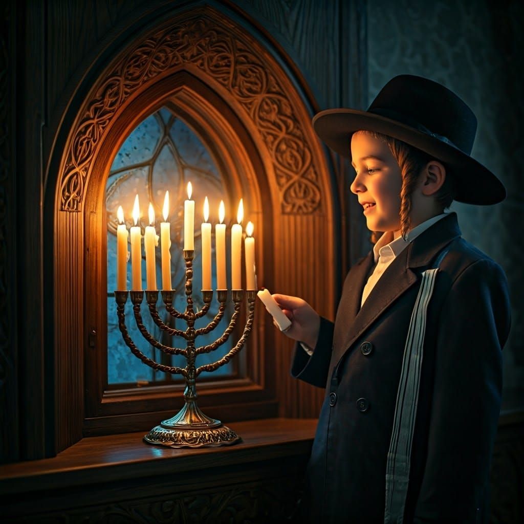 Young Hasidic Boy Lights the Menorah