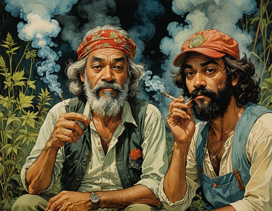 Cheech and Chong Smoking Weed Watercolor Art