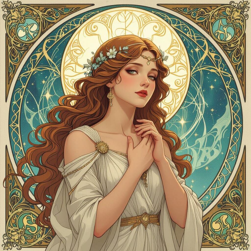 Mystical Virgo Woman with Ethereal Glow and Celestial Elemen...