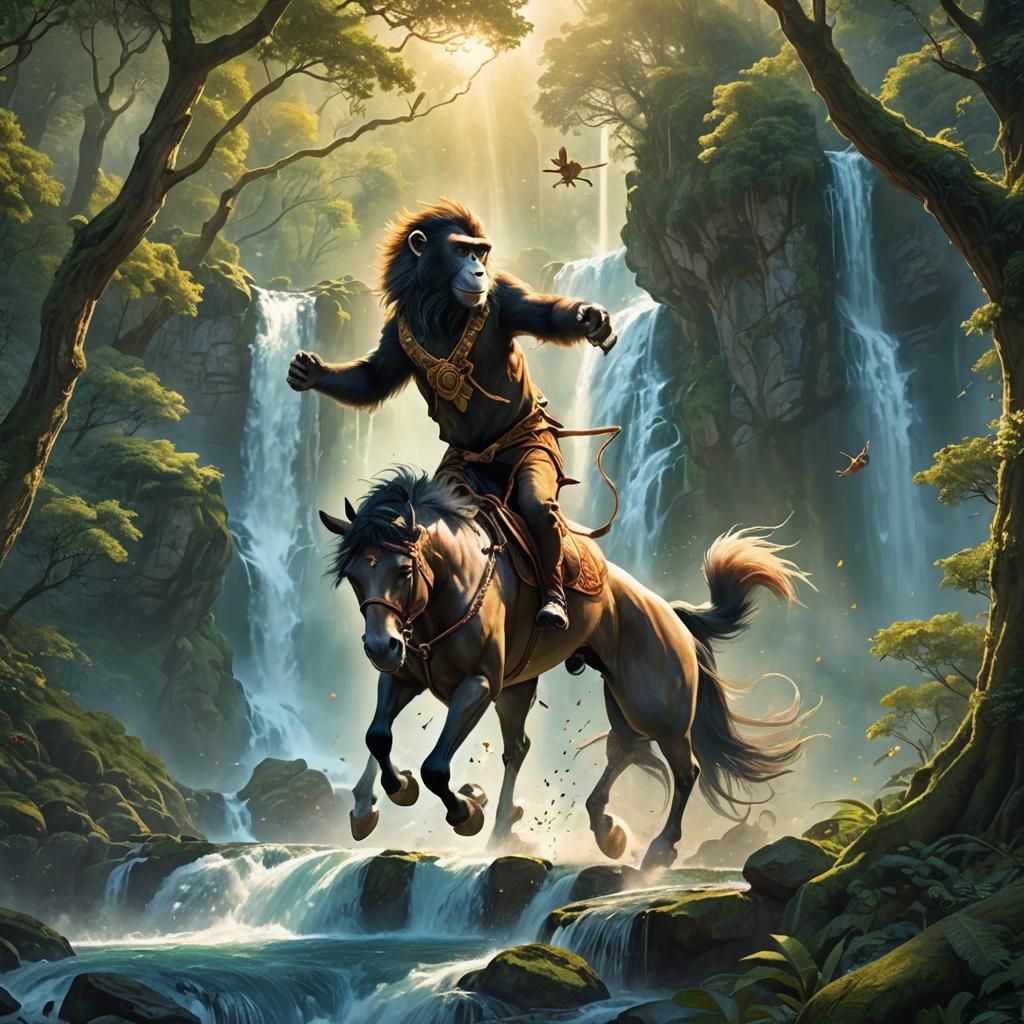 Horse, Monkey, and Waterfall in Fantasy Forest