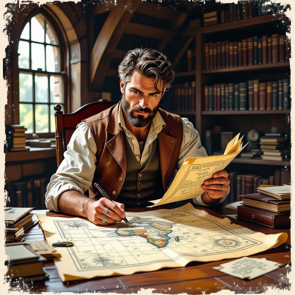 Vintage Cartographer in Dimly Lit Study