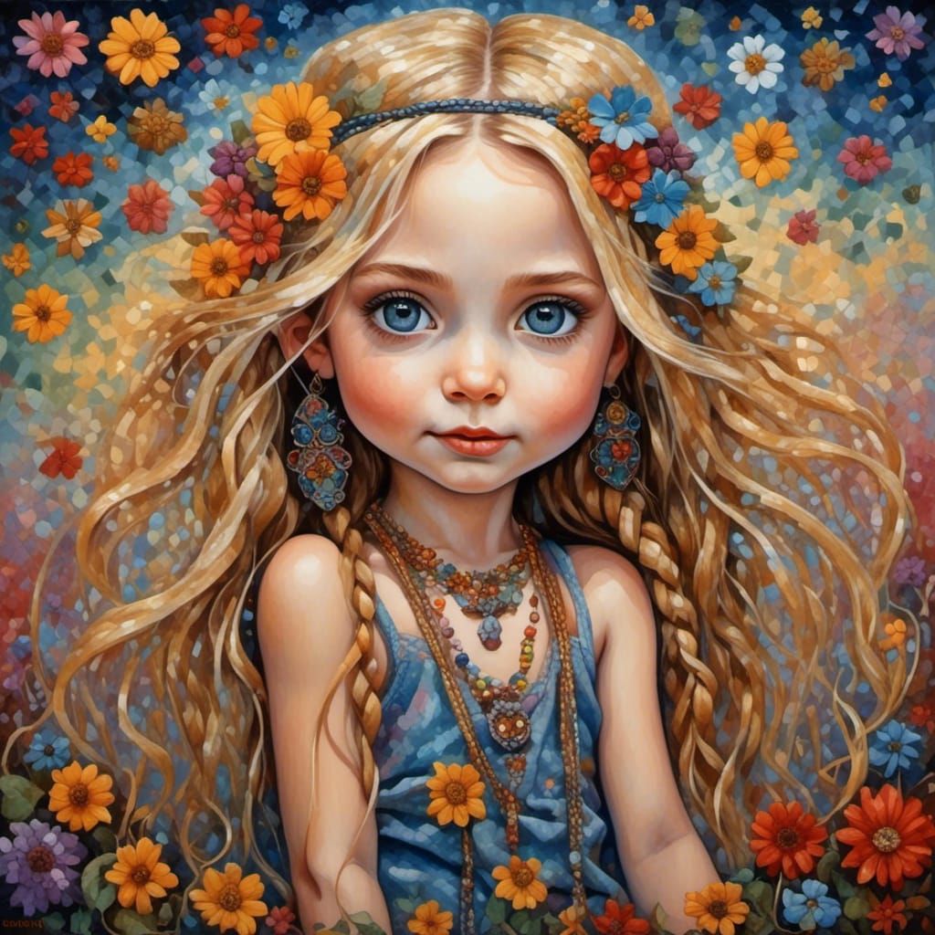 Chibi Hippie Girl at Woodstock Concert as Oil Painting