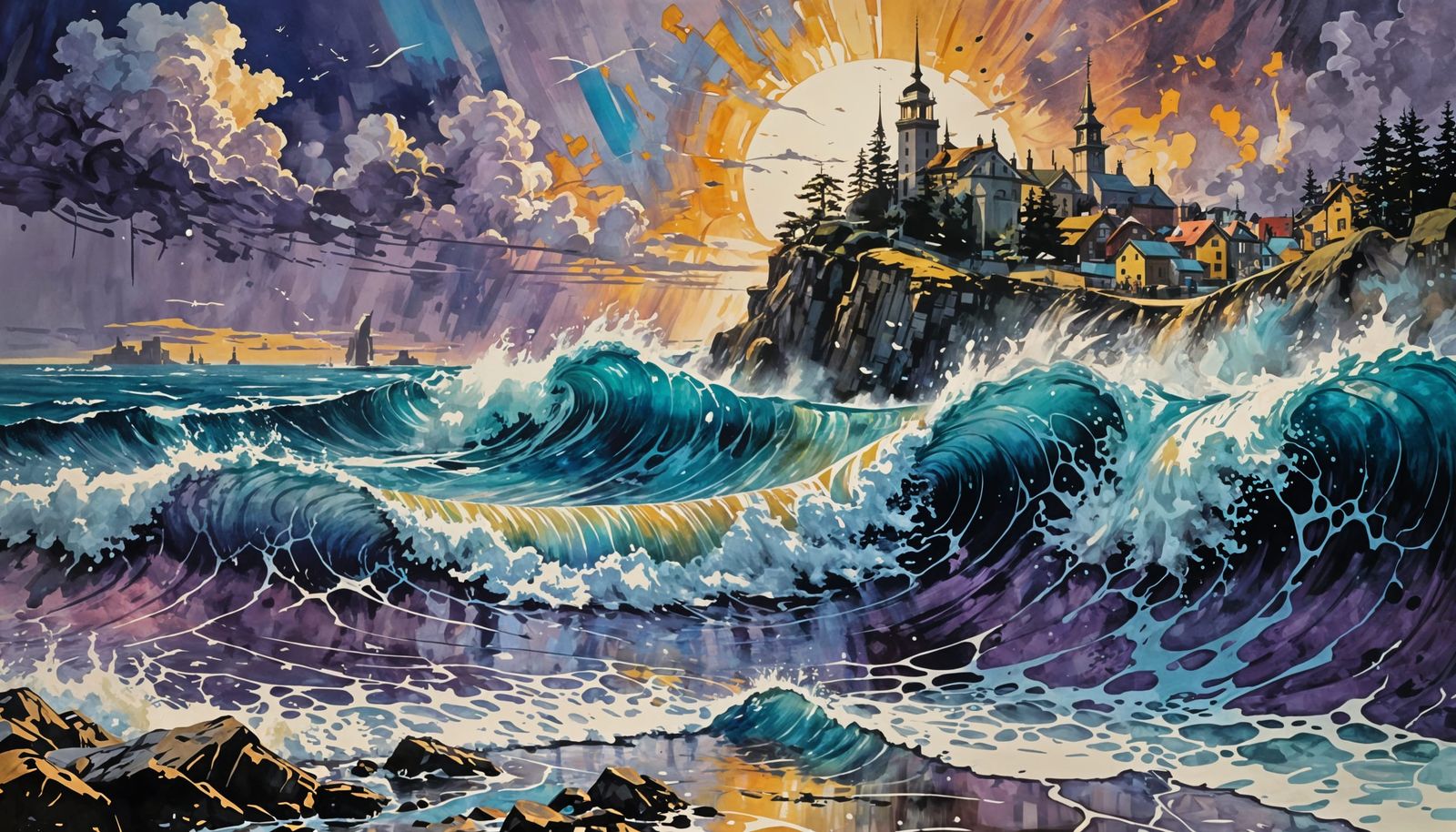 Ink-Splashed Ocean Waves in Detailed Gouache