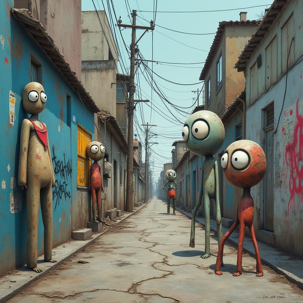 Distressed Urban Scene with Exaggerated Cartoon Characters