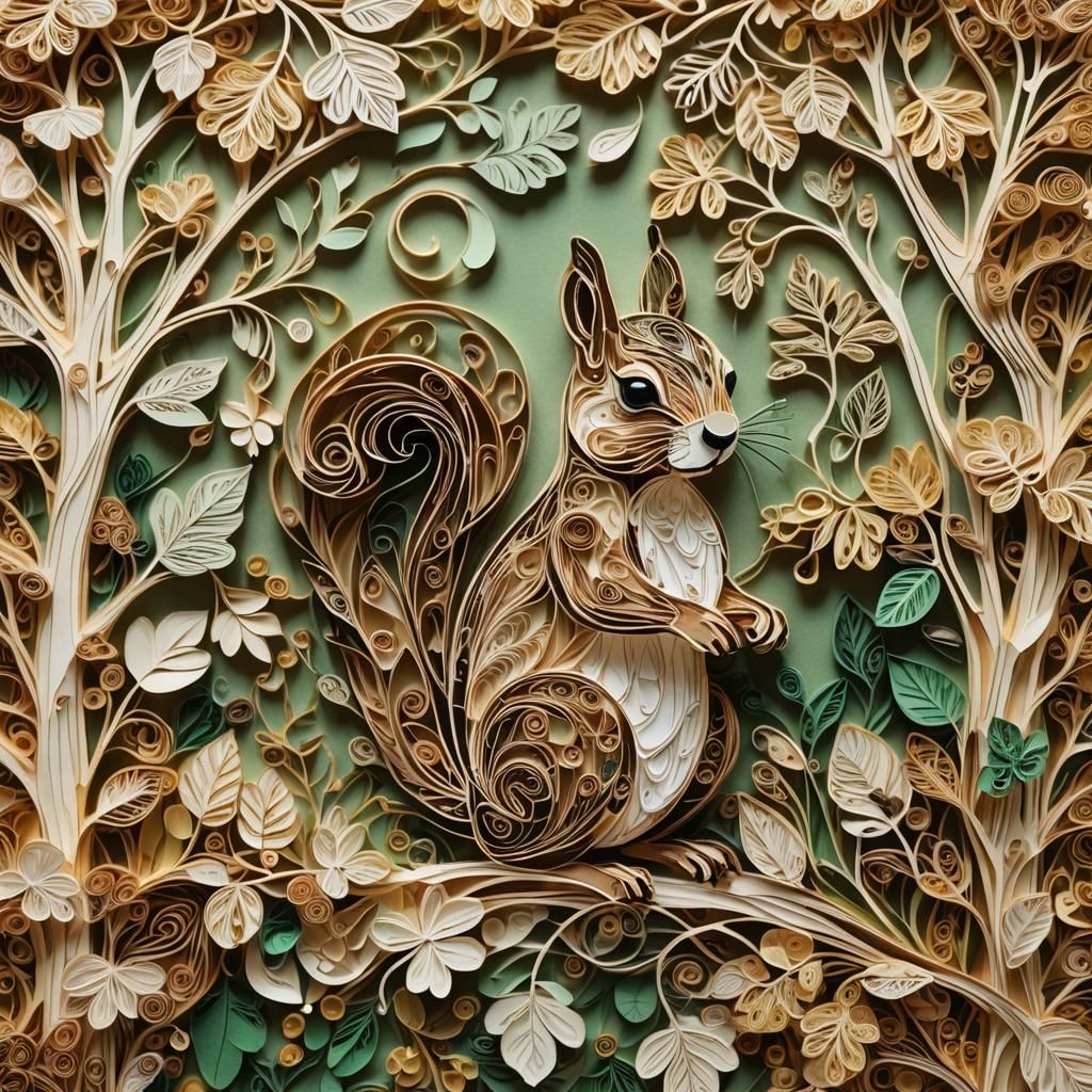 Intricate Quilling Papercut of Squirrel in Forest