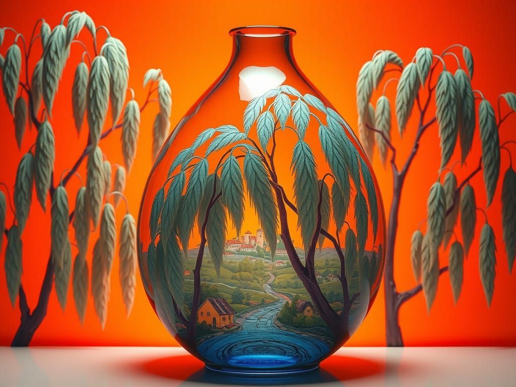 Blown Molded Glass with Vibrant Neo-Impressionist Village Sc...