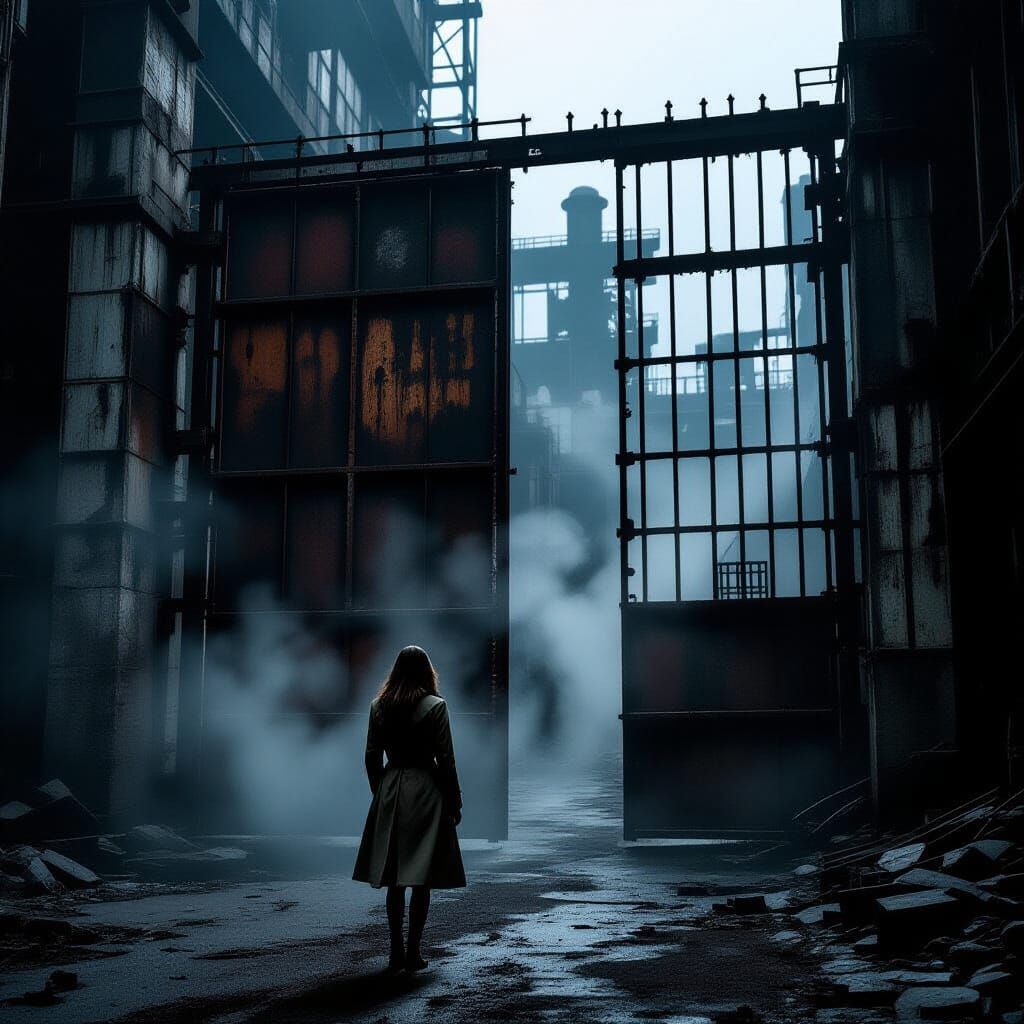 Lone Figure in Rusted Industrial Complex, Film Noir Style