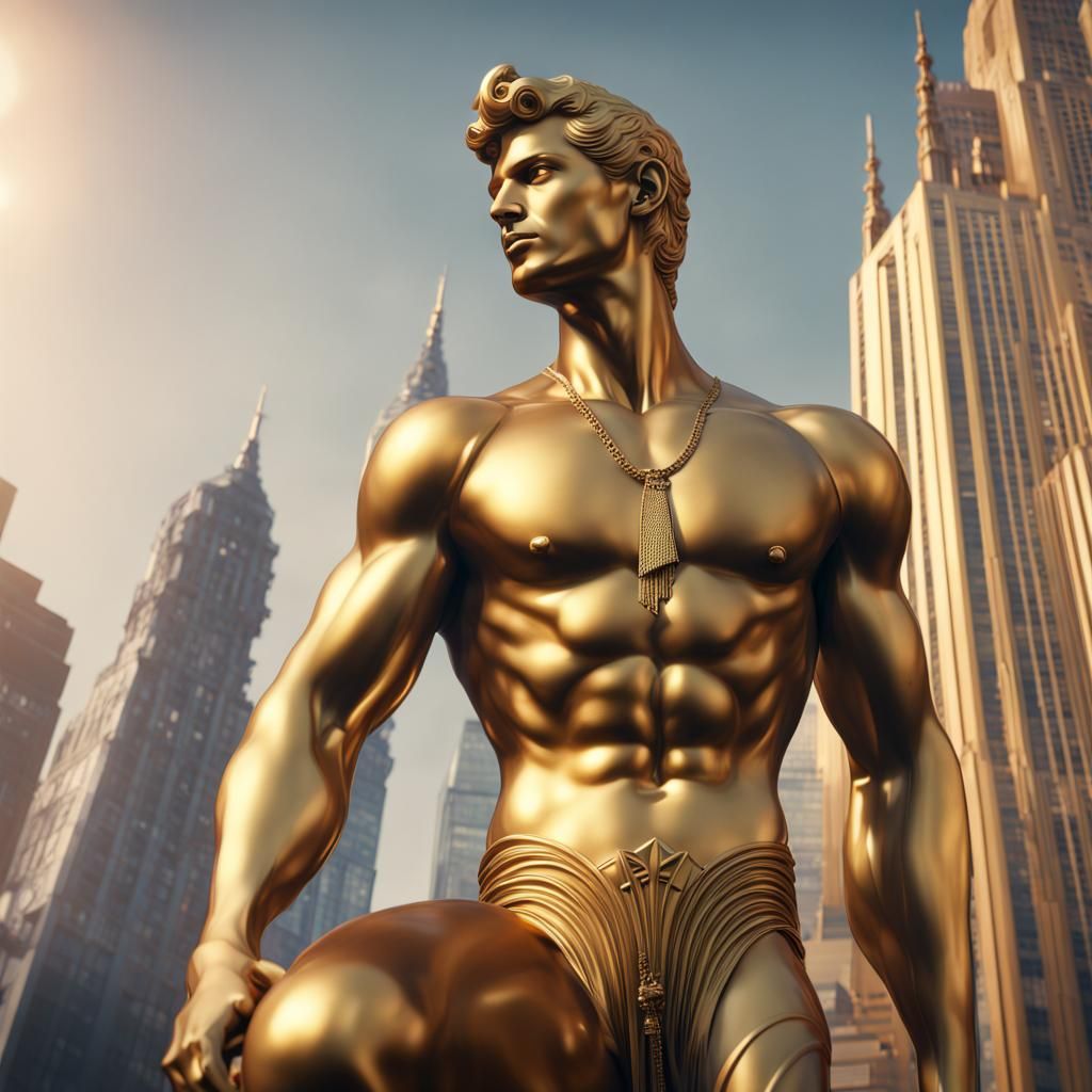 Art Deco Mercury Statue with Skyscrapers