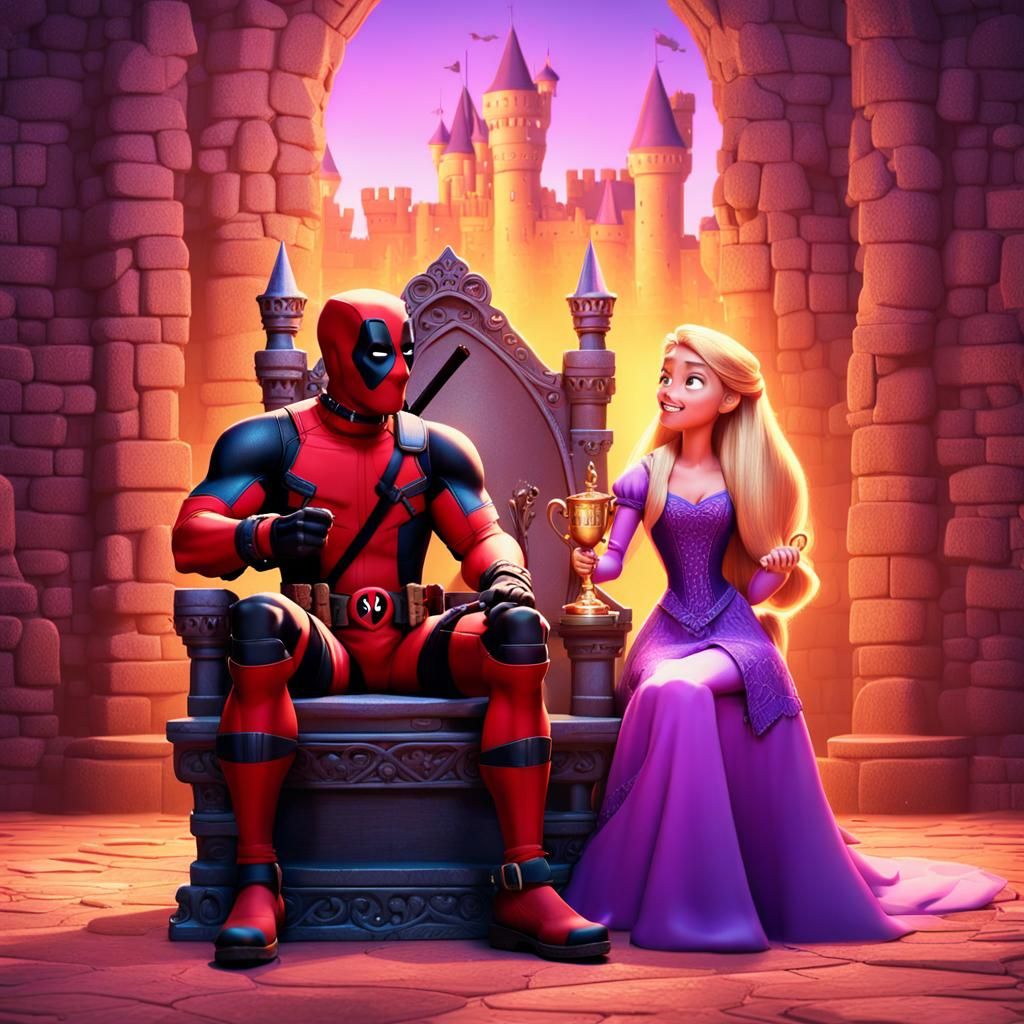 Deadpool and Rapunzel on Thrones: 3D Digital Art