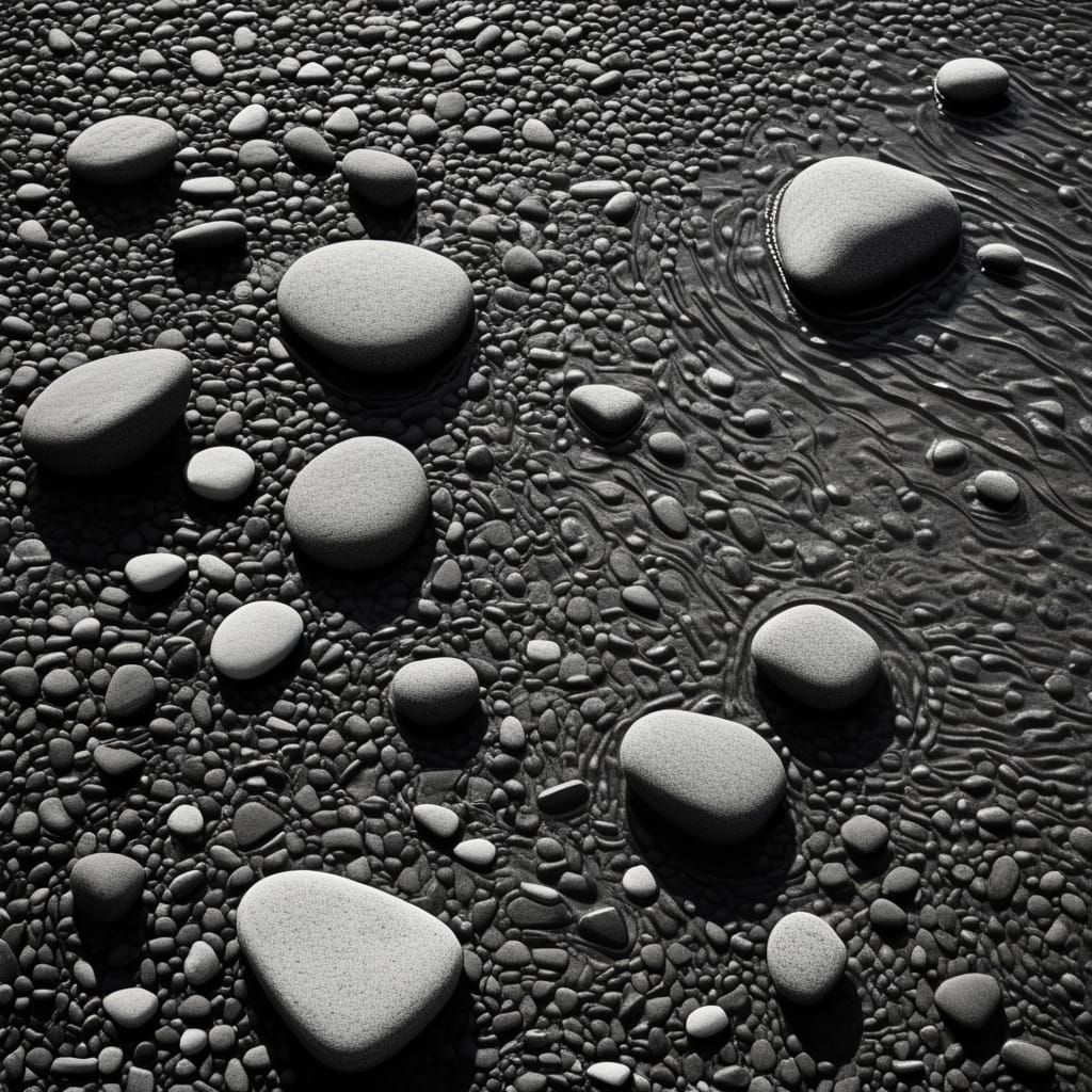 Hyperdetailed Charcoal Drawing of Sunlit Pebbles and Water