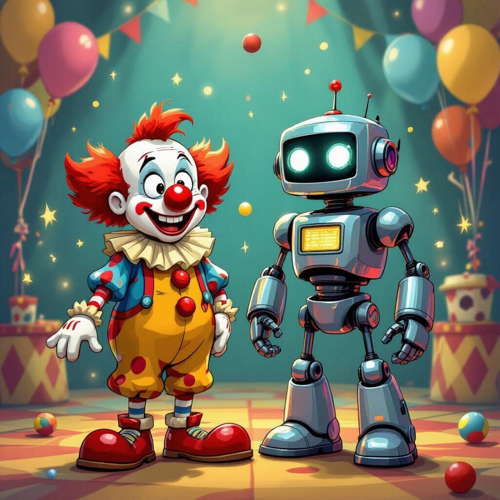 Clown and Robot Duo in Cartoon Style