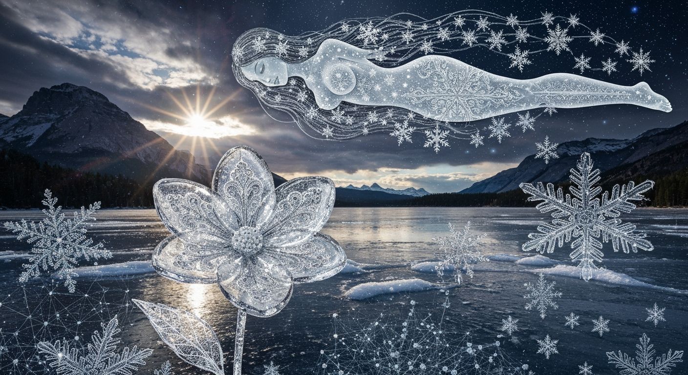 Intricate Ice Flowers Blossom on Frozen Lake in Surreal Eco-...
