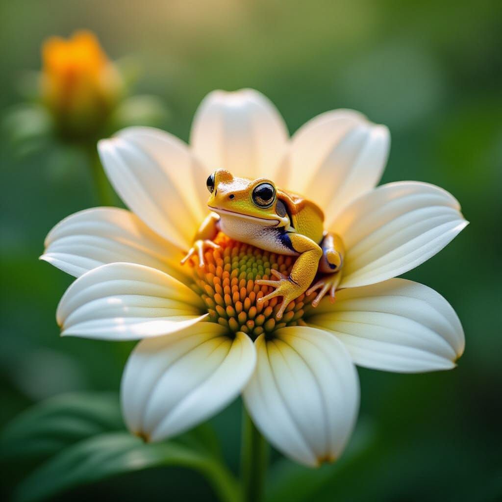 Golden Toad on Exotic Flower in Cinematic Style