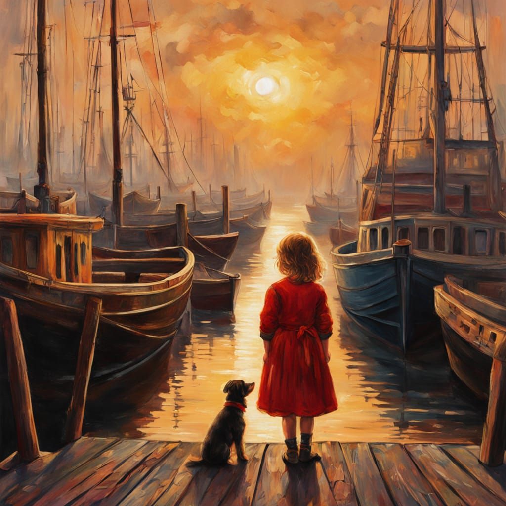 Girl and Puppy on Docks at Sunrise in Oil Painting Style
