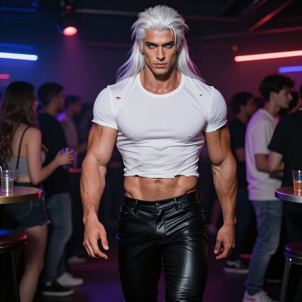 Muscular Man with White Hair in Nightclub