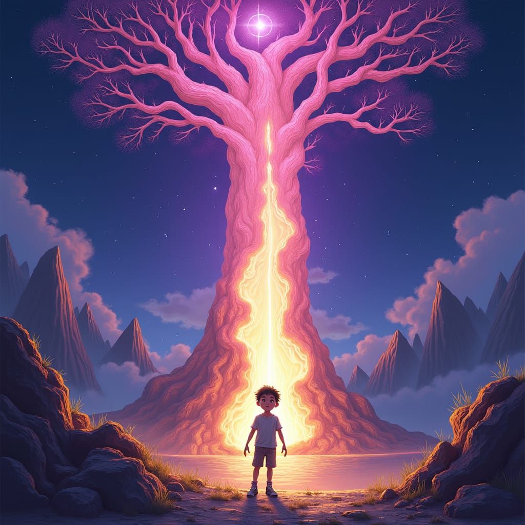 Boy in Violet Flame Under Starry Sky