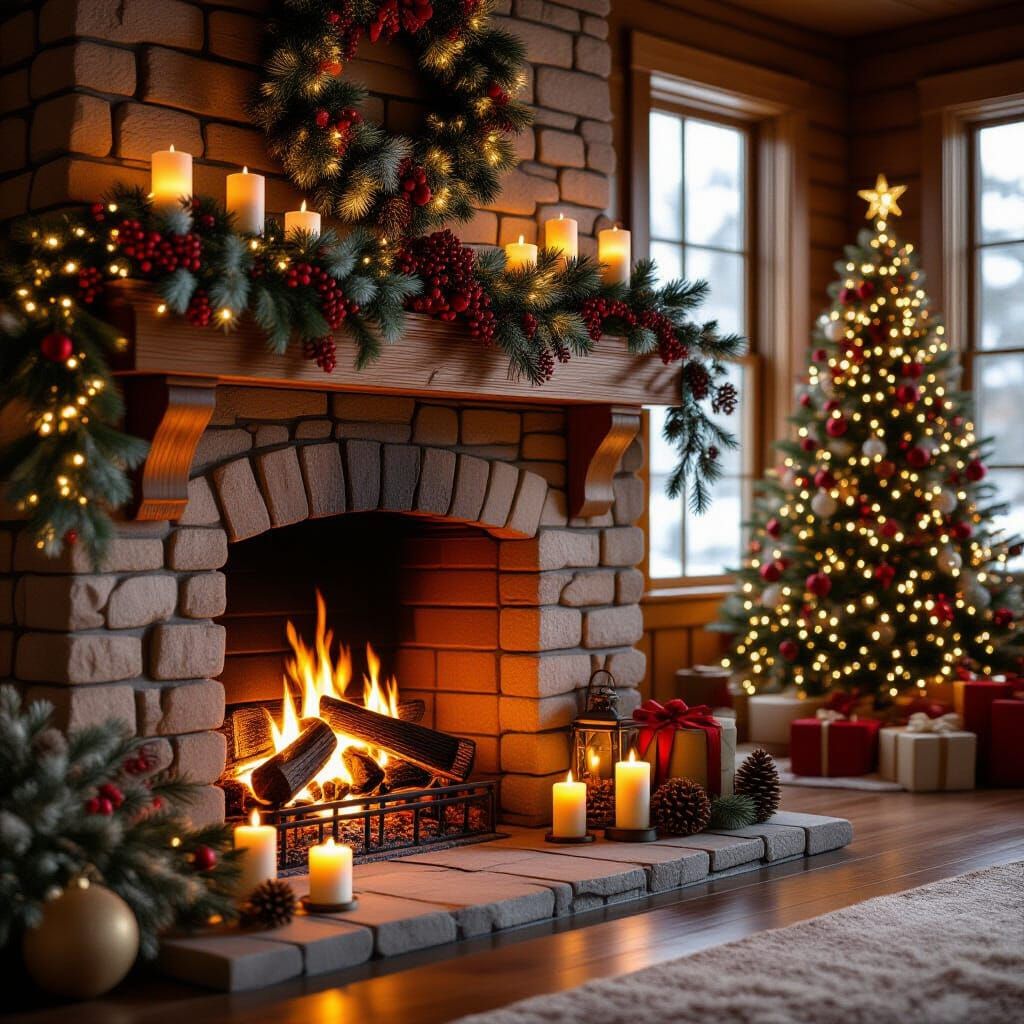 Cozy Wood Fireplace with Christmas Tree and Candles