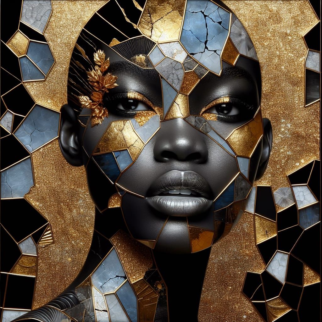 Maximalist 3D Portrait with Gold Kintsugi Detail