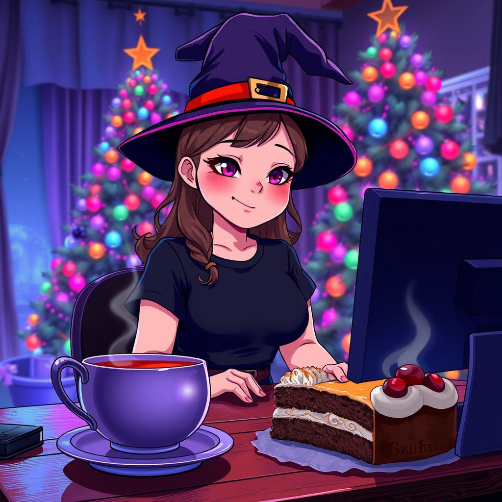 Anime Witch with Christmas Tree in Neon Hues