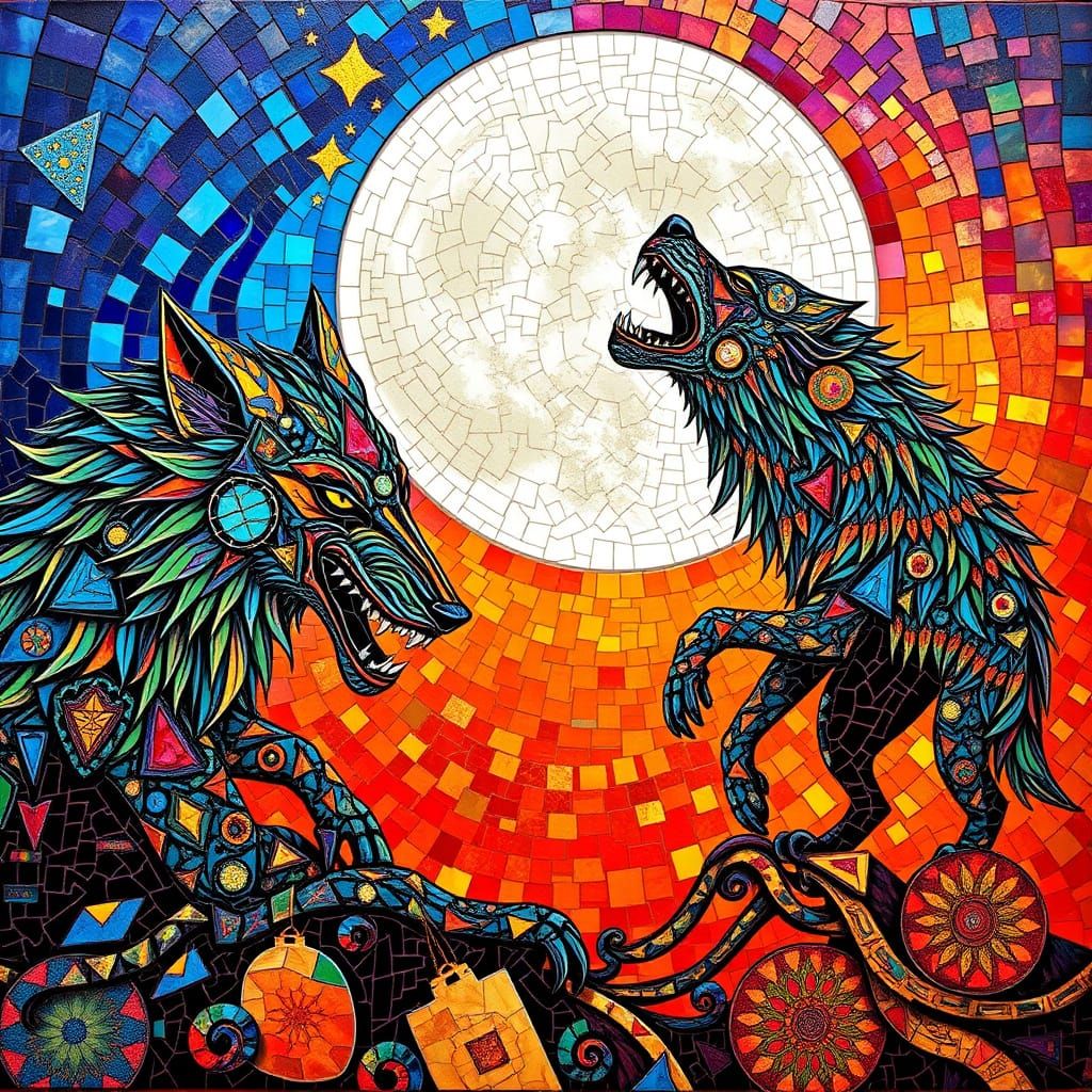 Heroic Werewolves in Vibrant Mosaic Style
