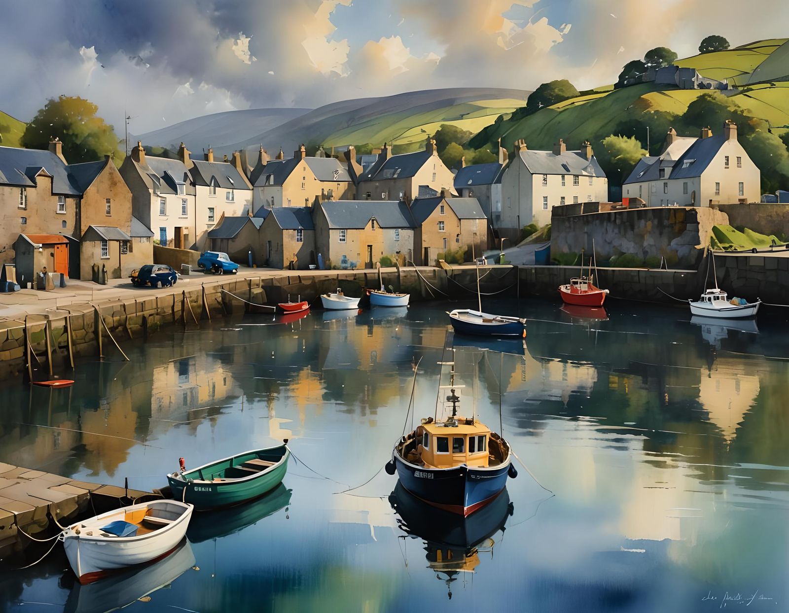 Serene Scottish Harbour in Impasto Style