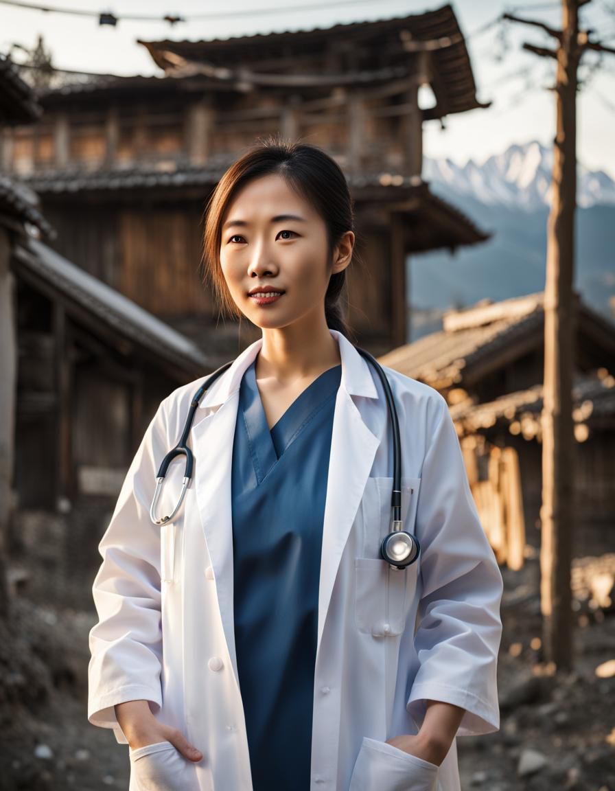Asian Doctor in White Coat in Mountain Village