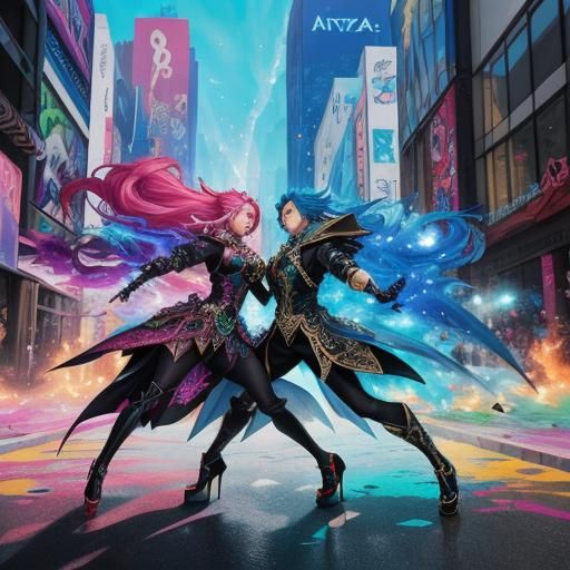 Fantasy Mage Graffiti Art with Caressing Figures