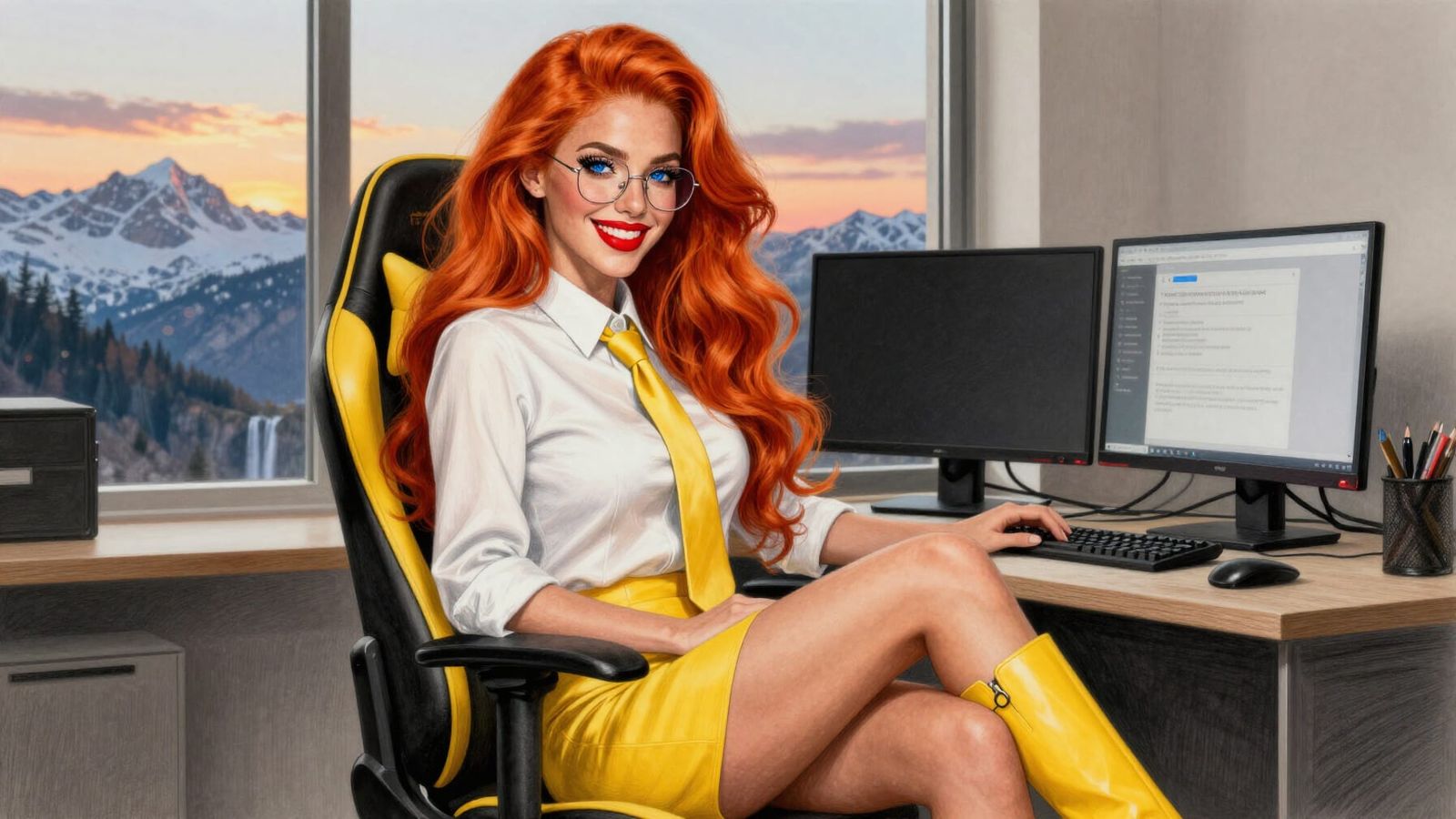 Ava Max in Yellow Business Attire by Sunset Alpine View