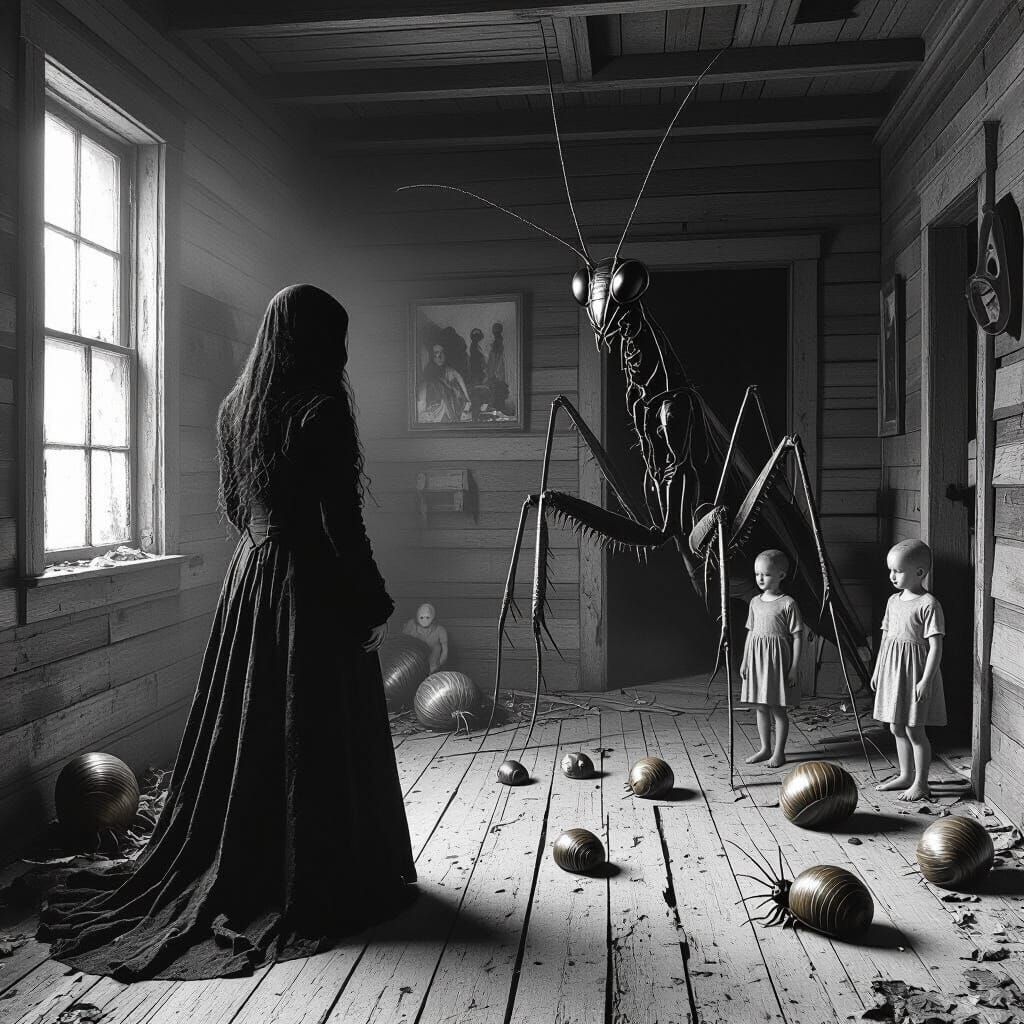 Surreal Horror Scene with Woman in Long Coat