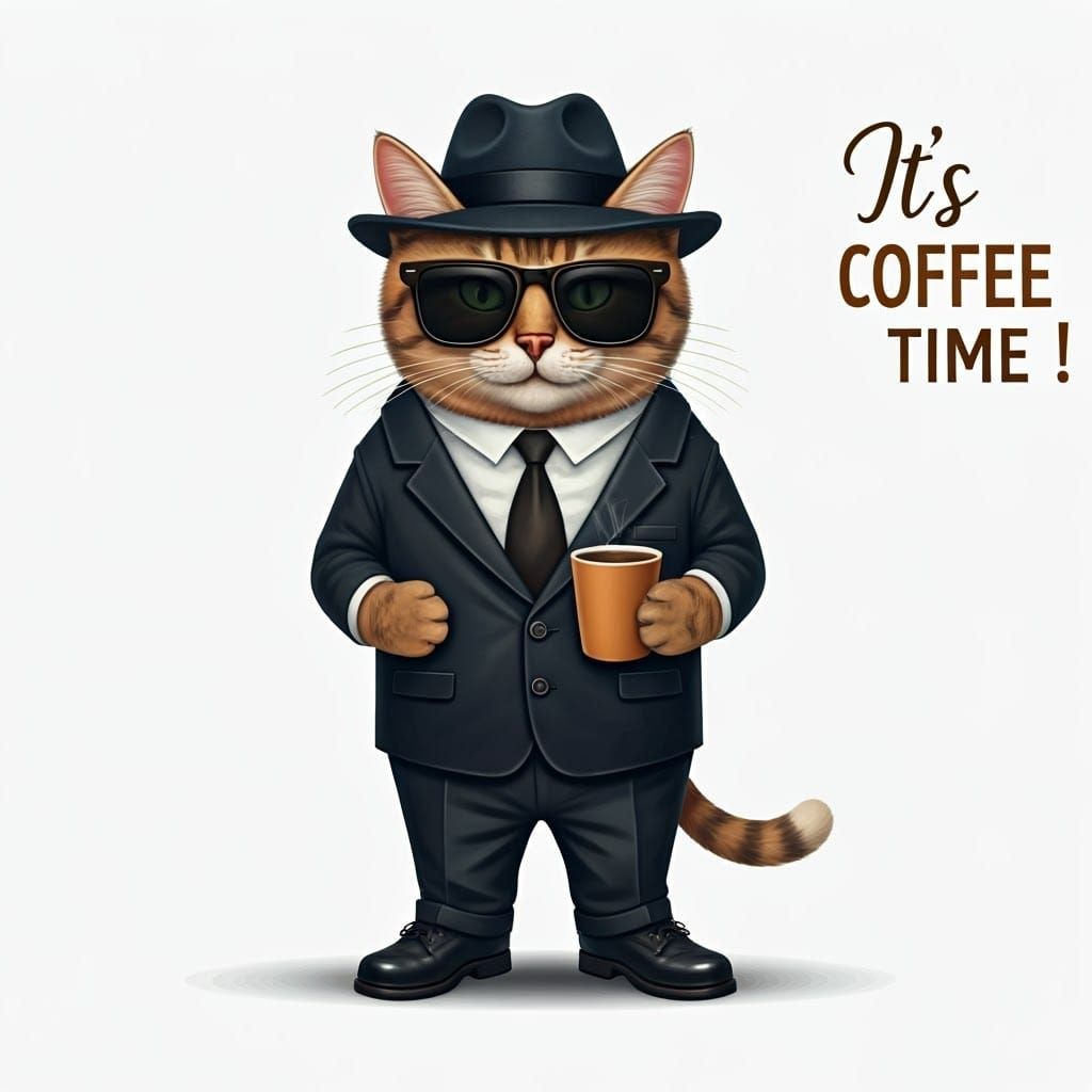 Cartoon Cat in Suit: It's Coffee Time!