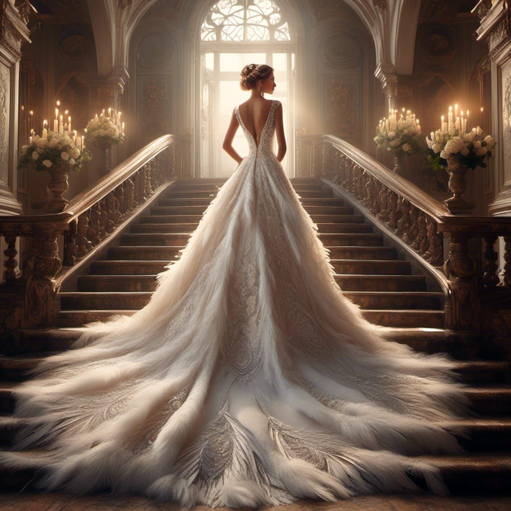 Bride in Feather Gown Fairytale Portrait