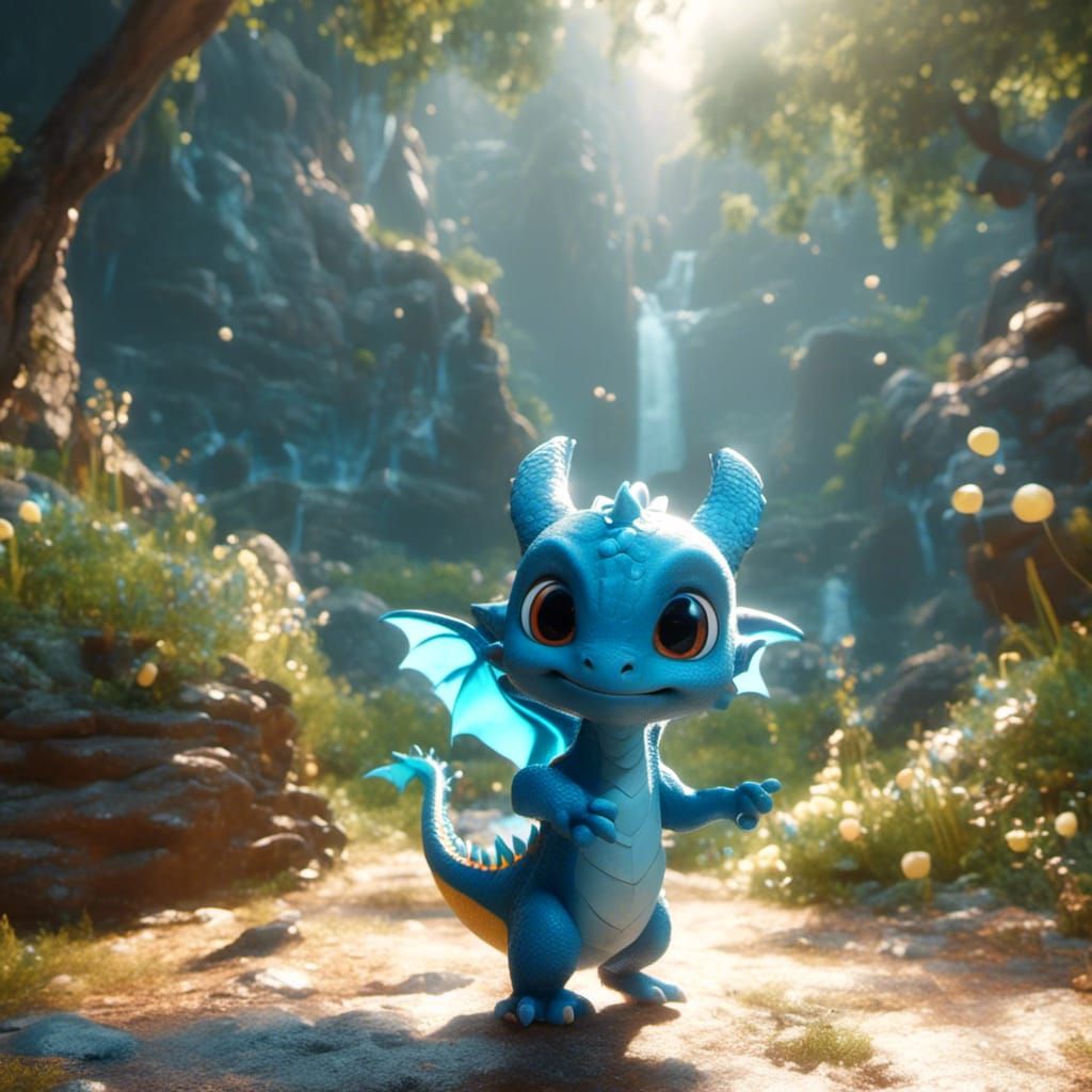 Cute Blue Dragon Swimming: Digital Matte Painting