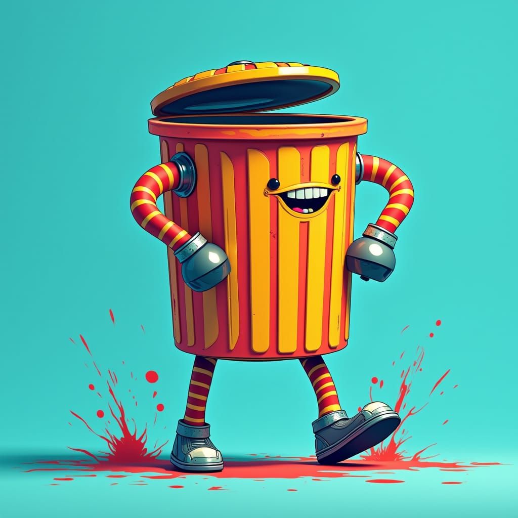 Bold Red and Yellow Trash Can with Animated Arm and Leg in E...