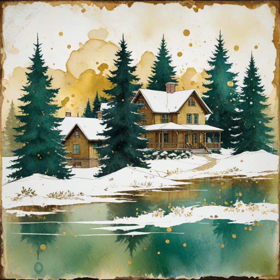 Winter Wonderland Cabin Scene in Magical Impasto Style