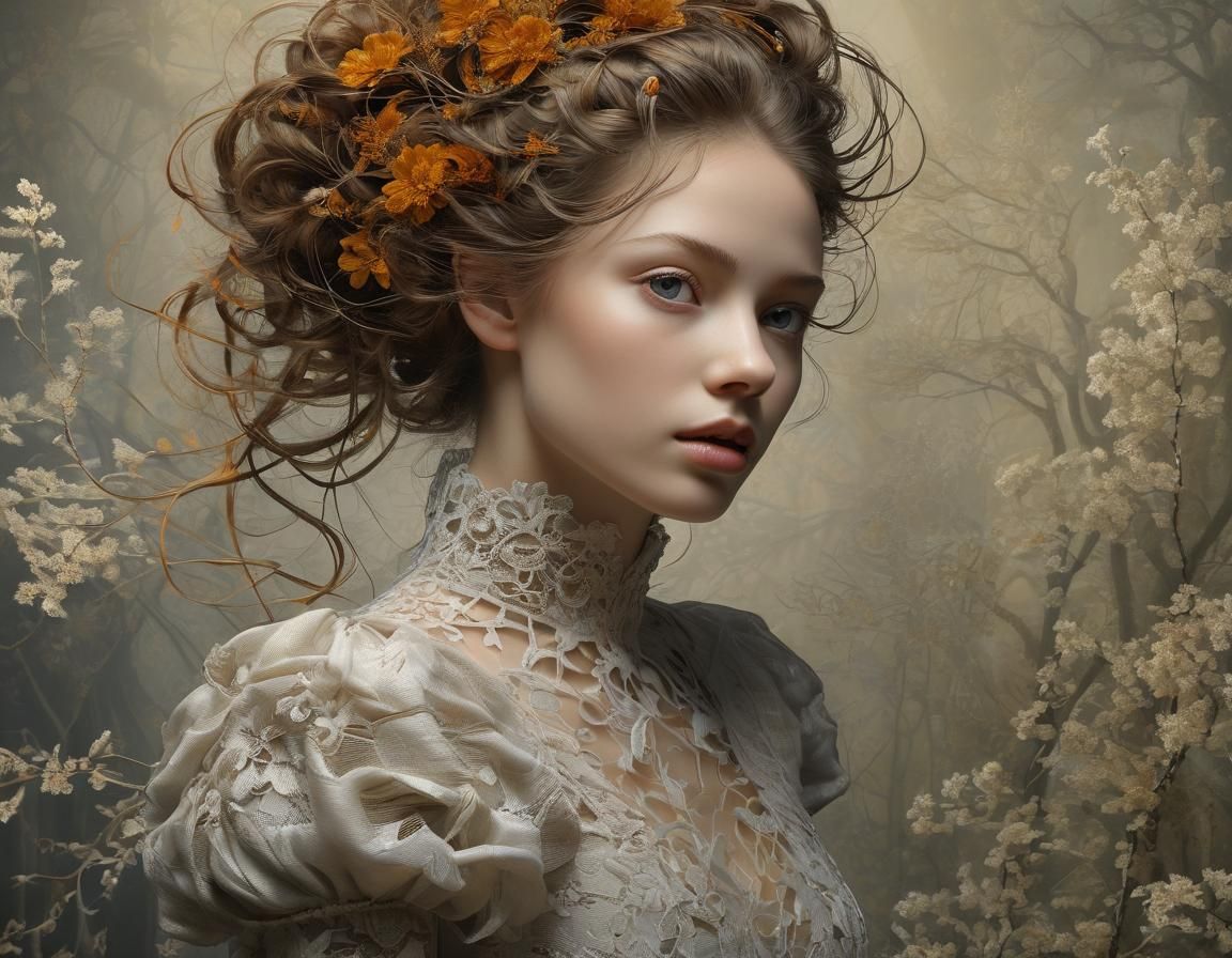 Evocative Portrait with Flowers, in Surreal Style