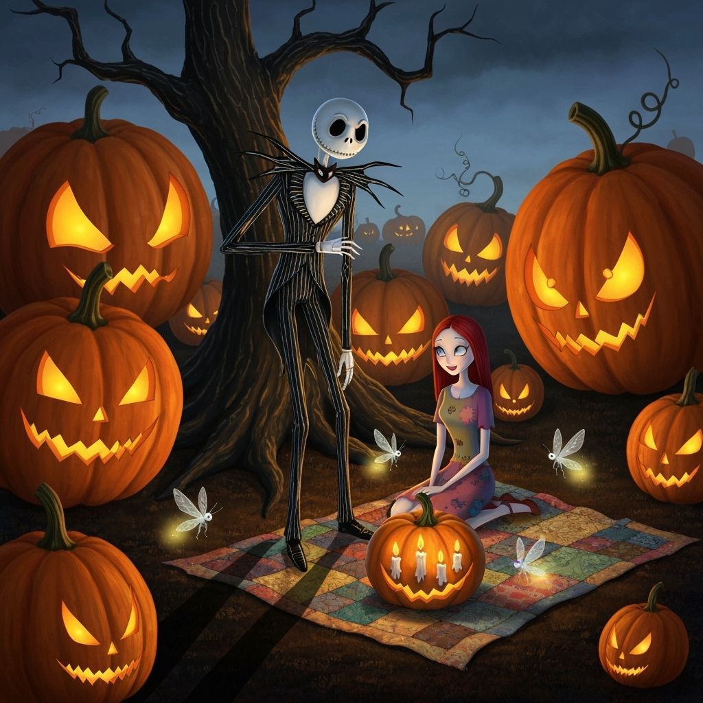 Spooky Pumpkin Patch Twilight Scene with Jack and Sally