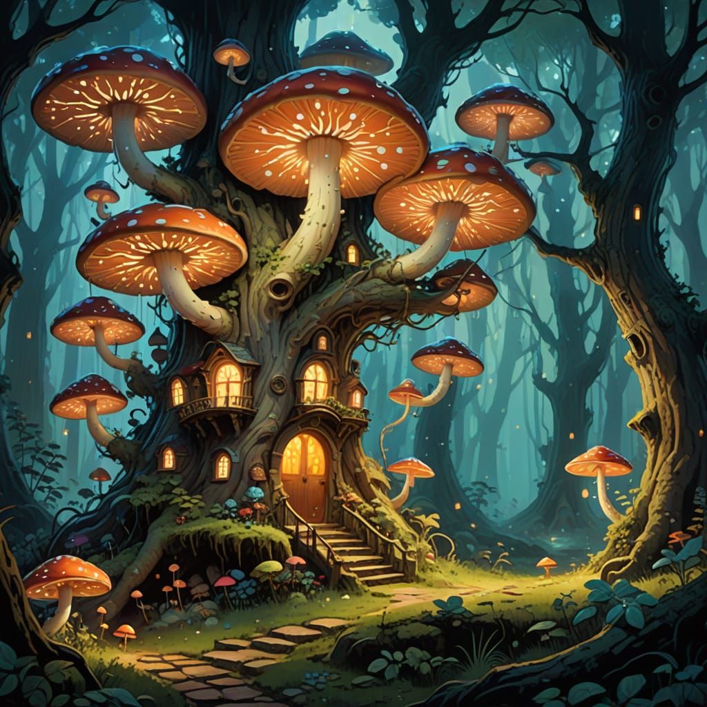 Enchanted Forest with Glowing Mushrooms and Antique Clock