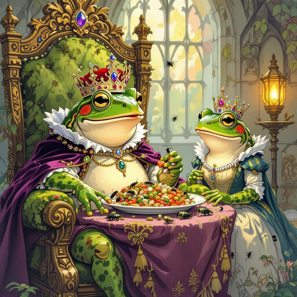 Regal Frog King and Queen Feast in Opulent Throne Room
