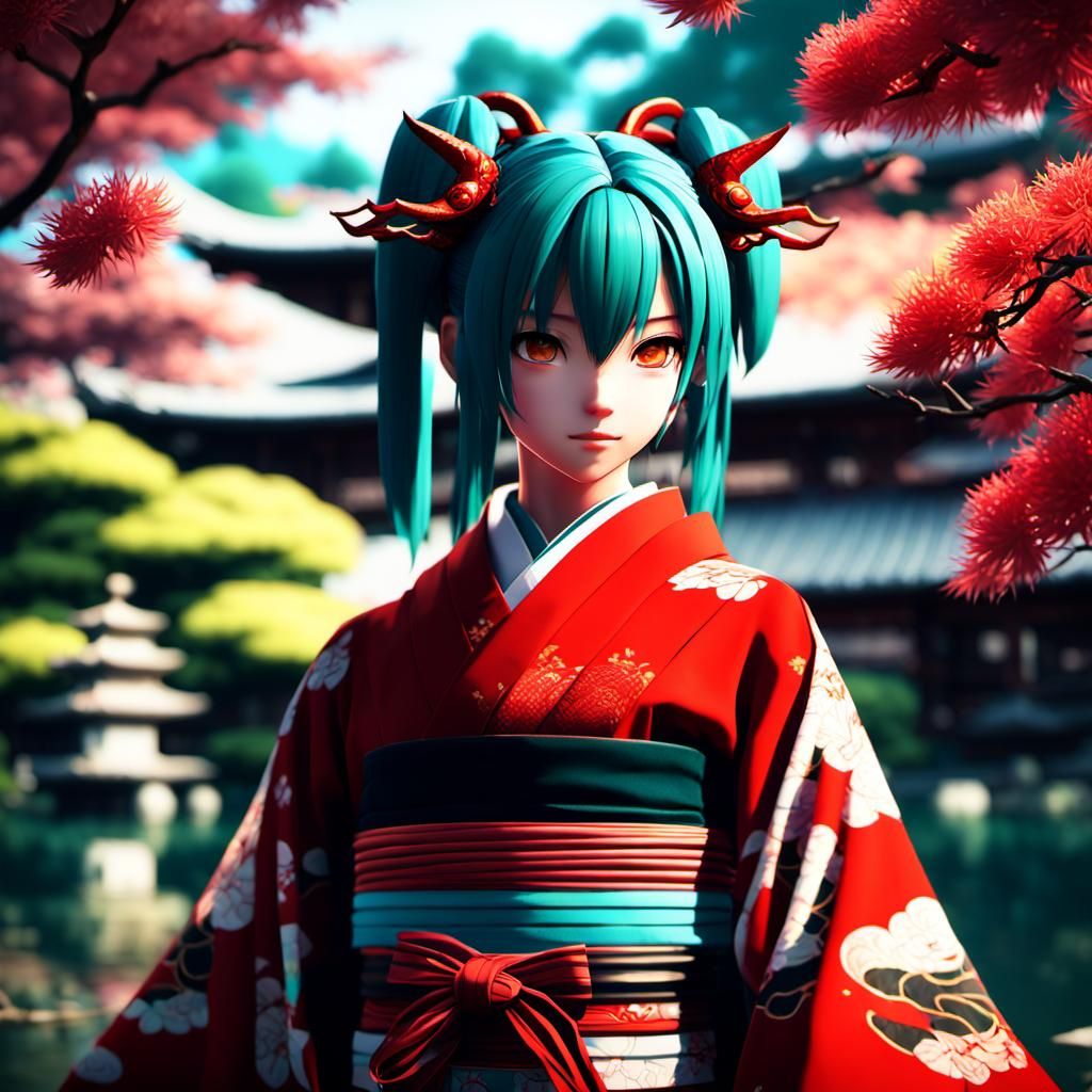 Hatsune Miku in Red Dragon Kimono, 3D Anime Art