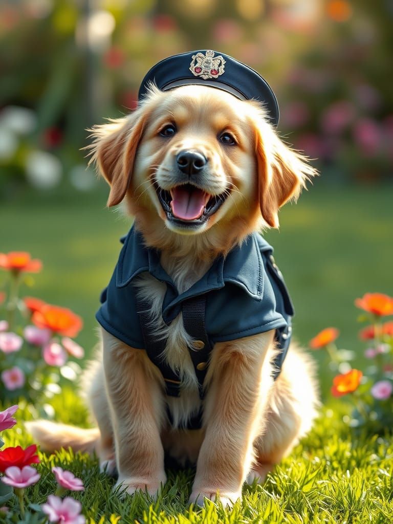 Golden Retriever Puppy in Police Uniform Portrait