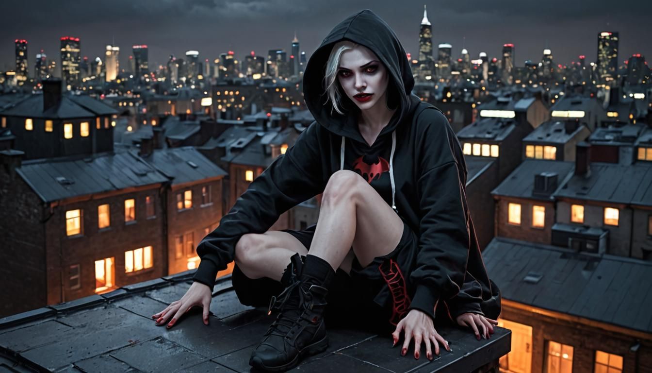 Anime Vampire Girl on Gotham Roof, Cel-Shaded Style